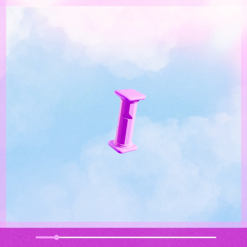 Cover art for the new single: a small pink column floating in a blue sky, framed like a paused video with a lilac progress bar.